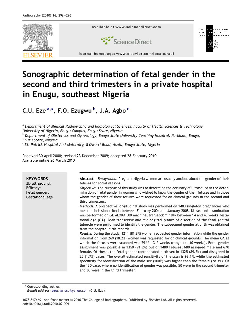 Sonographic determination of fetal gender in the second and third trimesters in a private hospital in Enugu, southeast Nigeria