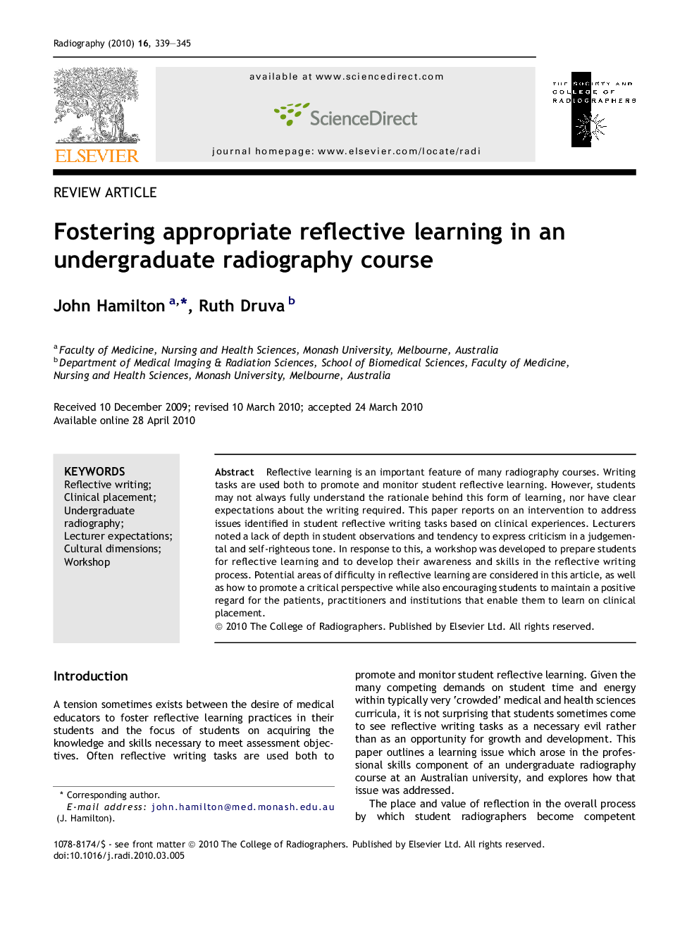 عکس صفحه اول مقاله: Fostering appropriate reflective learning in an undergraduate radiography course Fostering appropriate reflective learning in an undergraduate radiography course