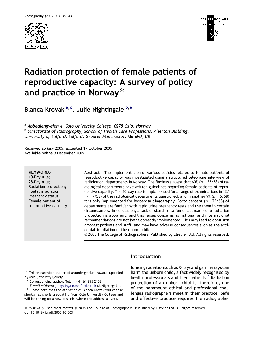 Radiation protection of female patients of reproductive capacity: A survey of policy and practice in Norway 