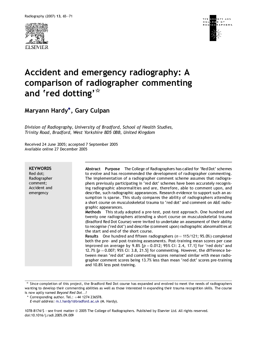 Accident and emergency radiography: A comparison of radiographer commenting and ‘red dotting’ 