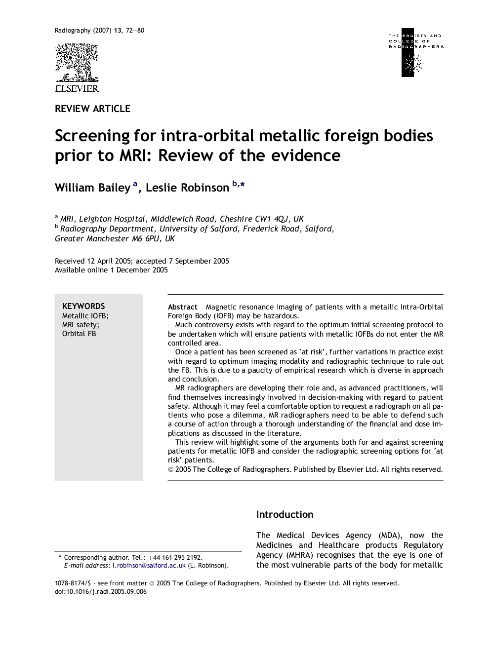 Screening for intra-orbital metallic foreign bodies prior to MRI: Review of the evidence