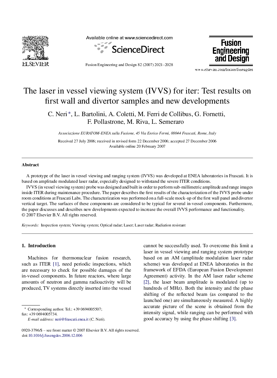 The laser in vessel viewing system (IVVS) for iter: Test results on first wall and divertor samples and new developments