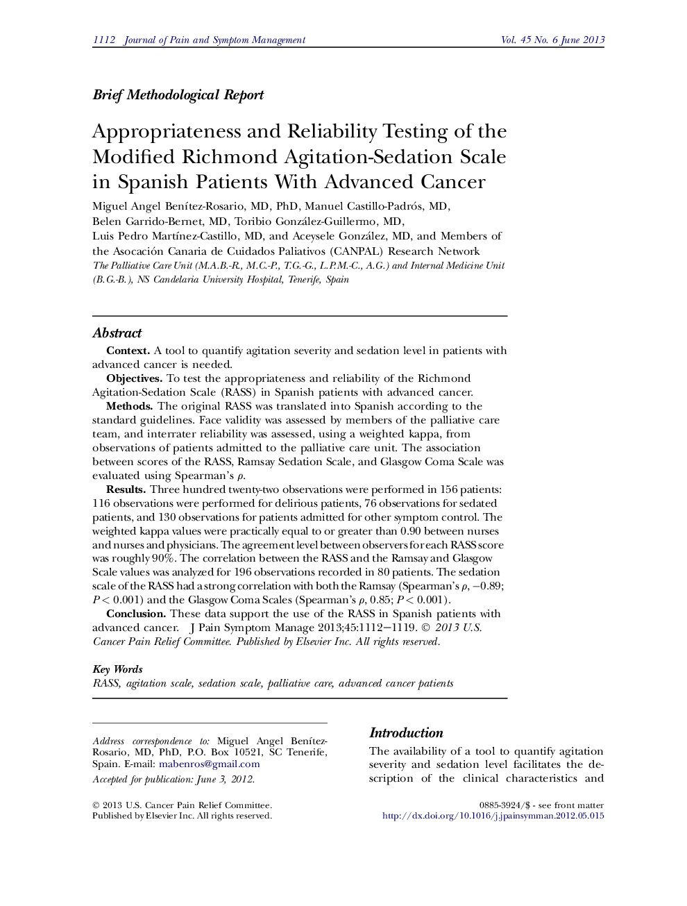 Appropriateness and Reliability Testing of the Modified Richmond Agitation-Sedation Scale in Spanish Patients With Advanced Cancer