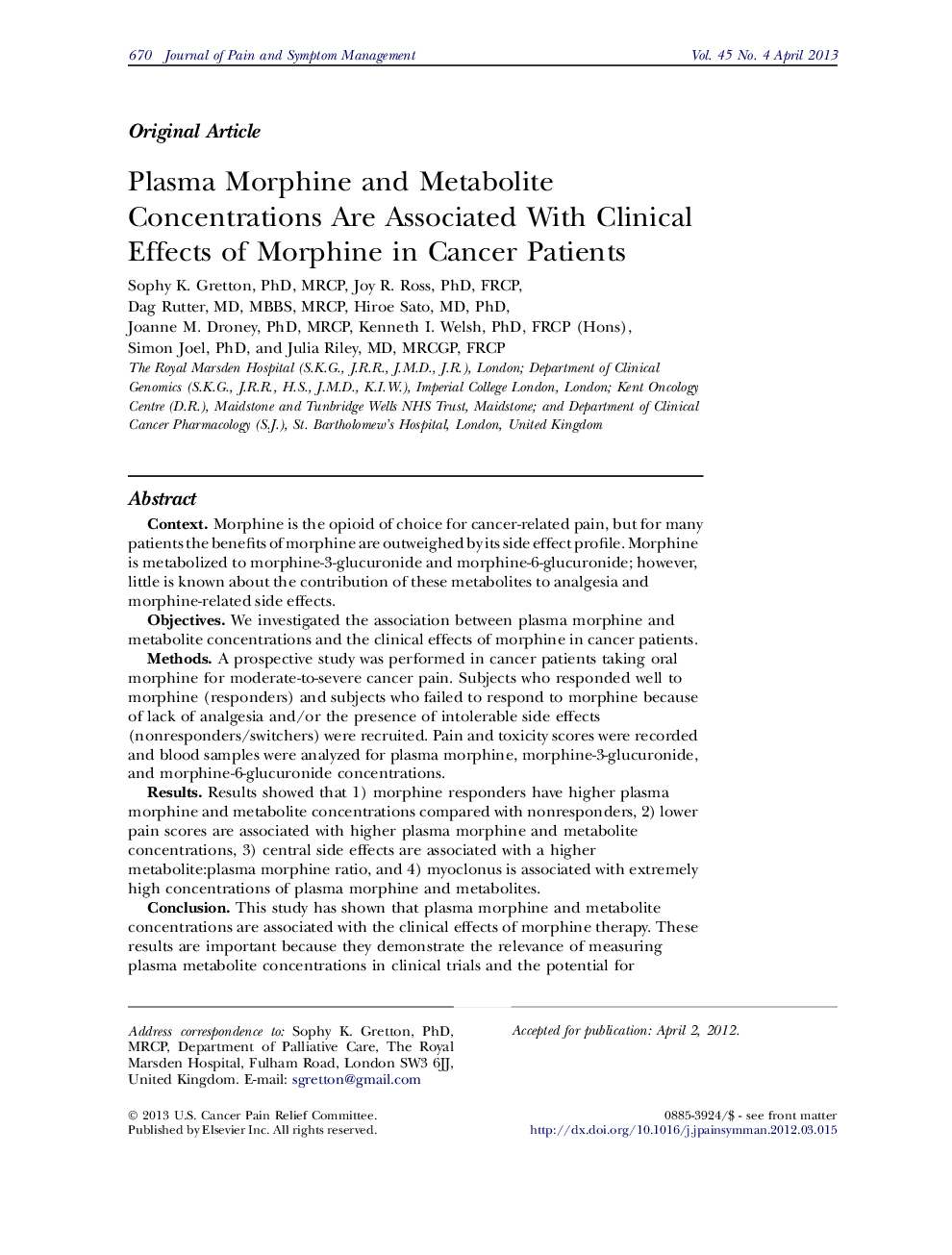 Plasma Morphine and Metabolite Concentrations Are Associated With Clinical Effects of Morphine in Cancer Patients