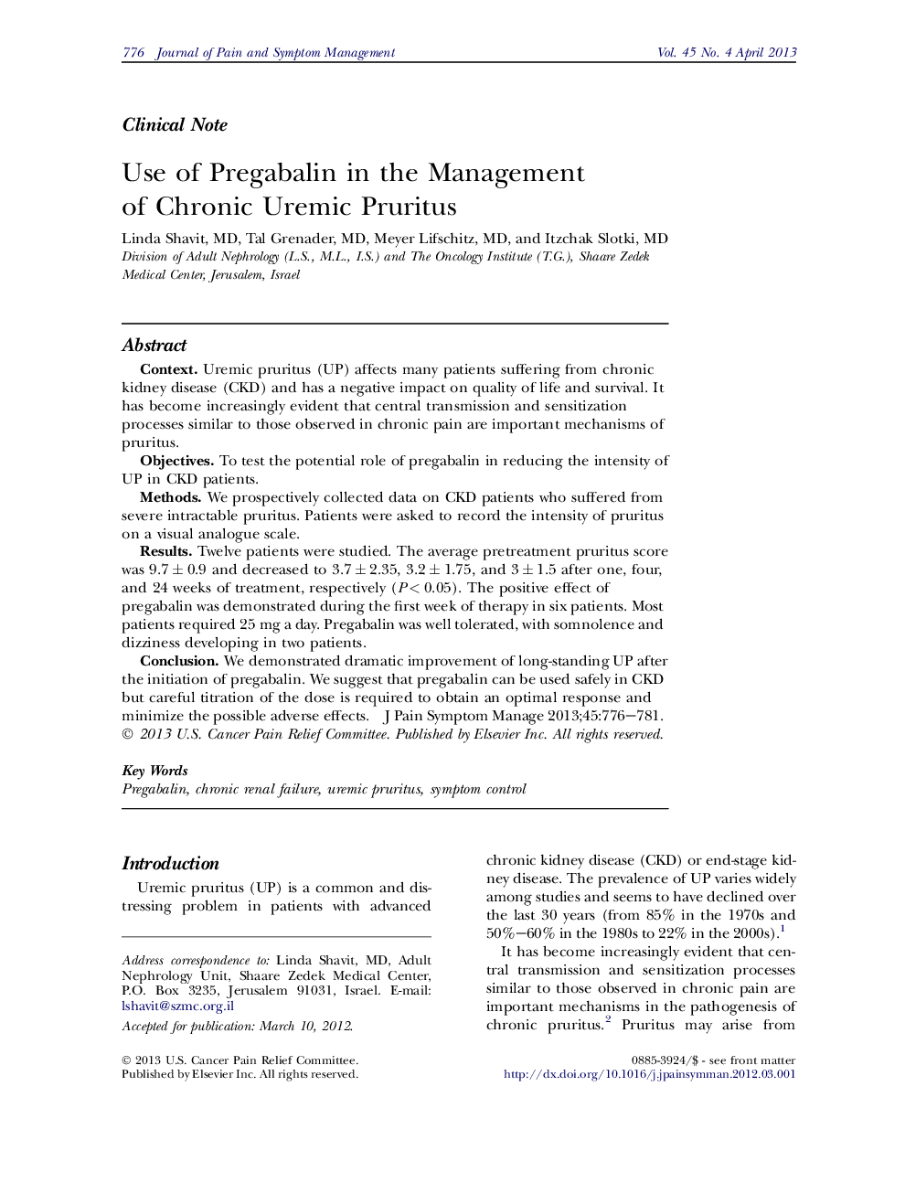 Use of Pregabalin in the Management of Chronic Uremic Pruritus