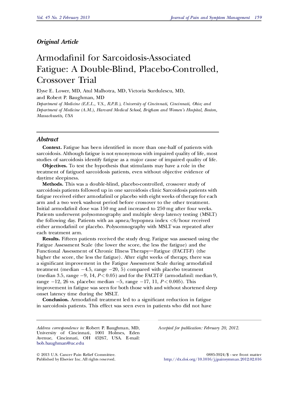 Armodafinil for Sarcoidosis-Associated Fatigue: A Double-Blind, Placebo-Controlled, Crossover Trial