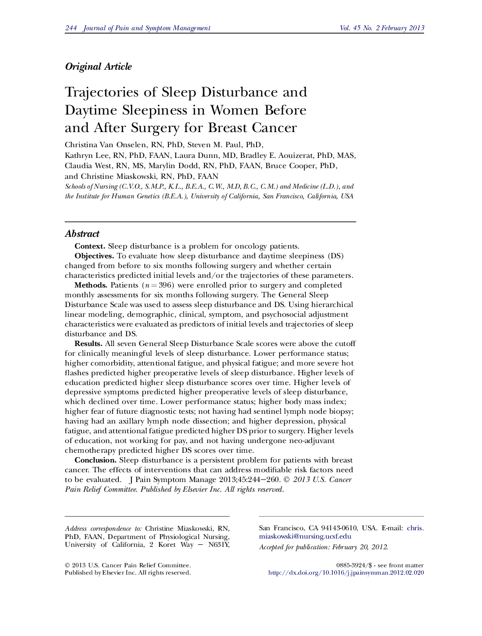 Trajectories of Sleep Disturbance and Daytime Sleepiness in Women Before and After Surgery for Breast Cancer