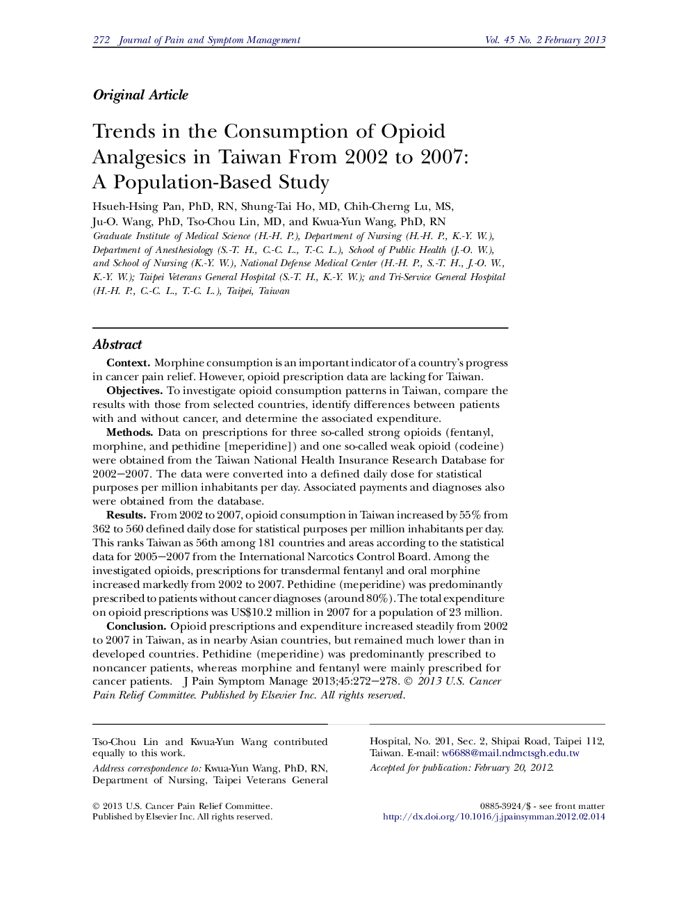 Trends in the Consumption of Opioid Analgesics in Taiwan From 2002 to 2007: A Population-Based Study 