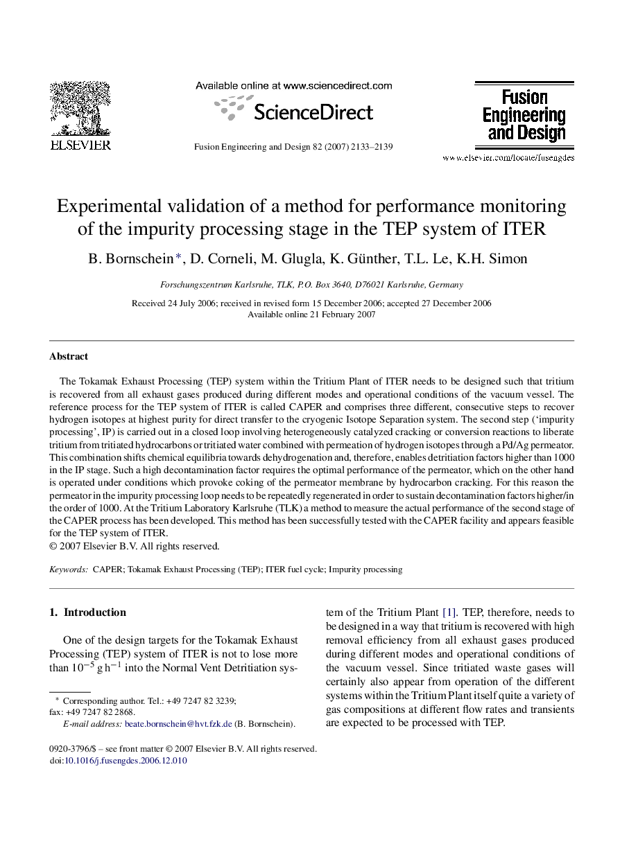 Experimental validation of a method for performance monitoring of the impurity processing stage in the TEP system of ITER