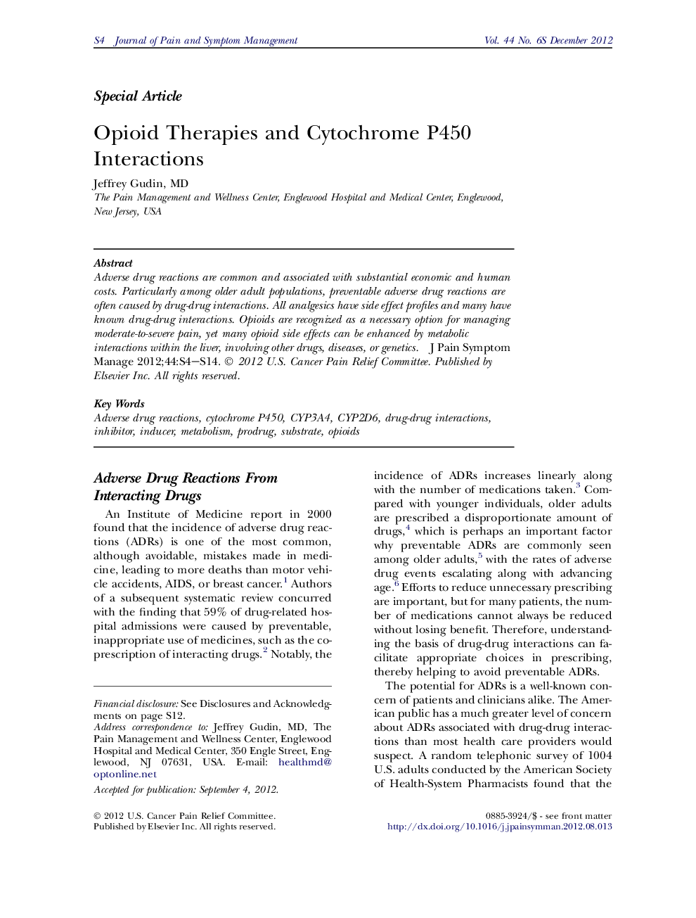 Opioid Therapies and Cytochrome P450 Interactions 