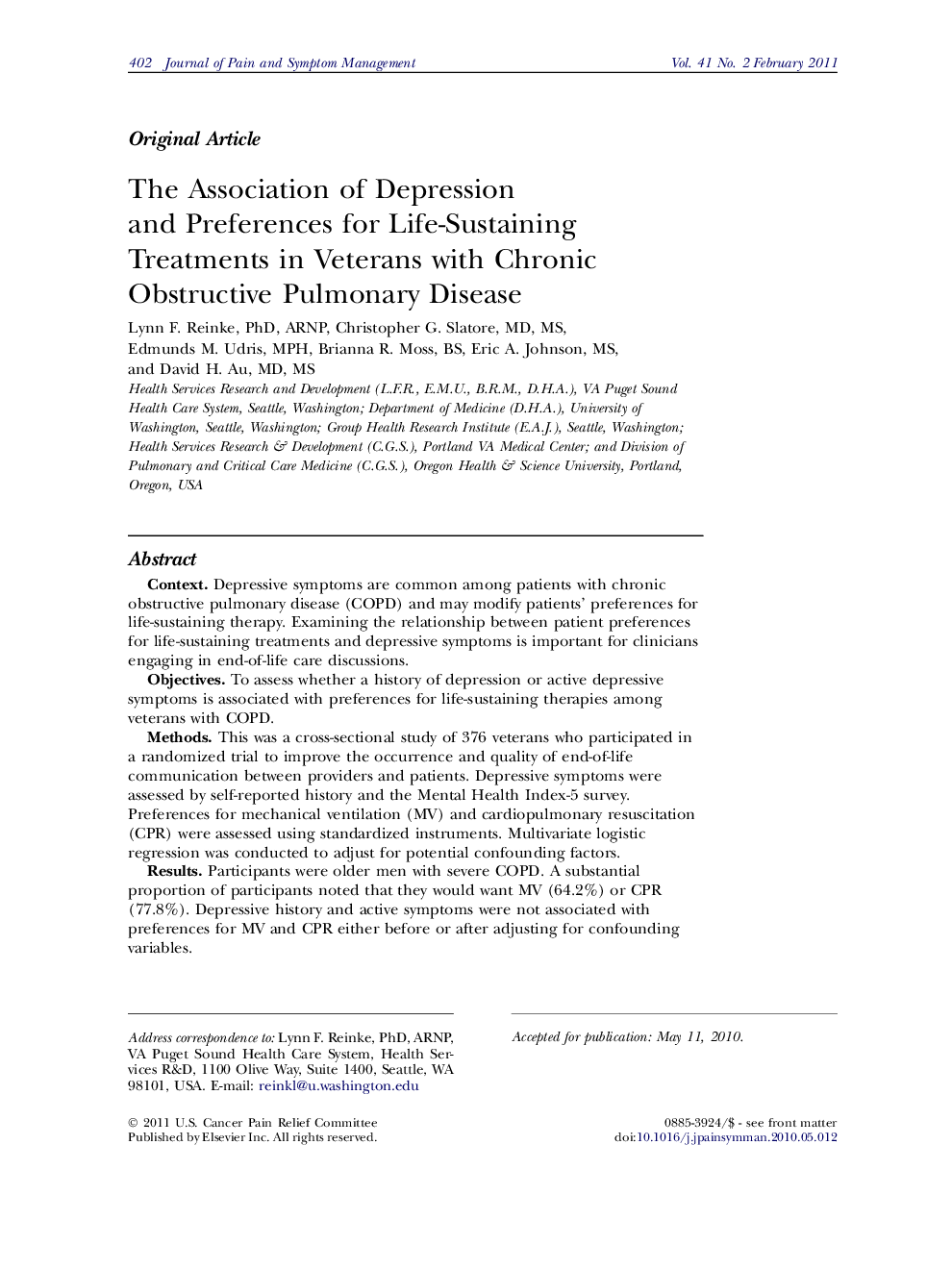 عکس صفحه اول مقاله: The Association of Depression and Preferences for Life-Sustaining Treatments in Veterans with Chronic Obstructive Pulmonary Disease The Association of Depression and Preferences for Life-Sustaining Treatments in Veterans with Chronic Obstructive Pulmonary Disease