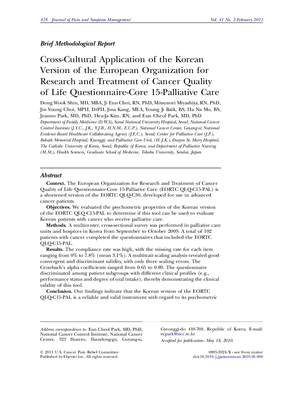 Cross-Cultural Application of the Korean Version of the European Organization for Research and Treatment of Cancer Quality of Life Questionnaire-Core 15-Palliative Care