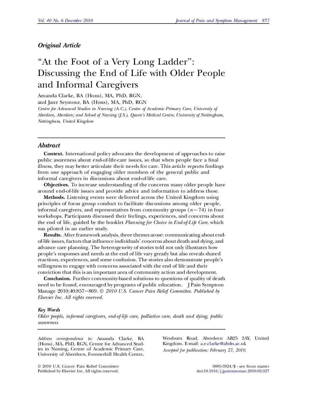 “At the Foot of a Very Long Ladder”: Discussing the End of Life with Older People and Informal Caregivers