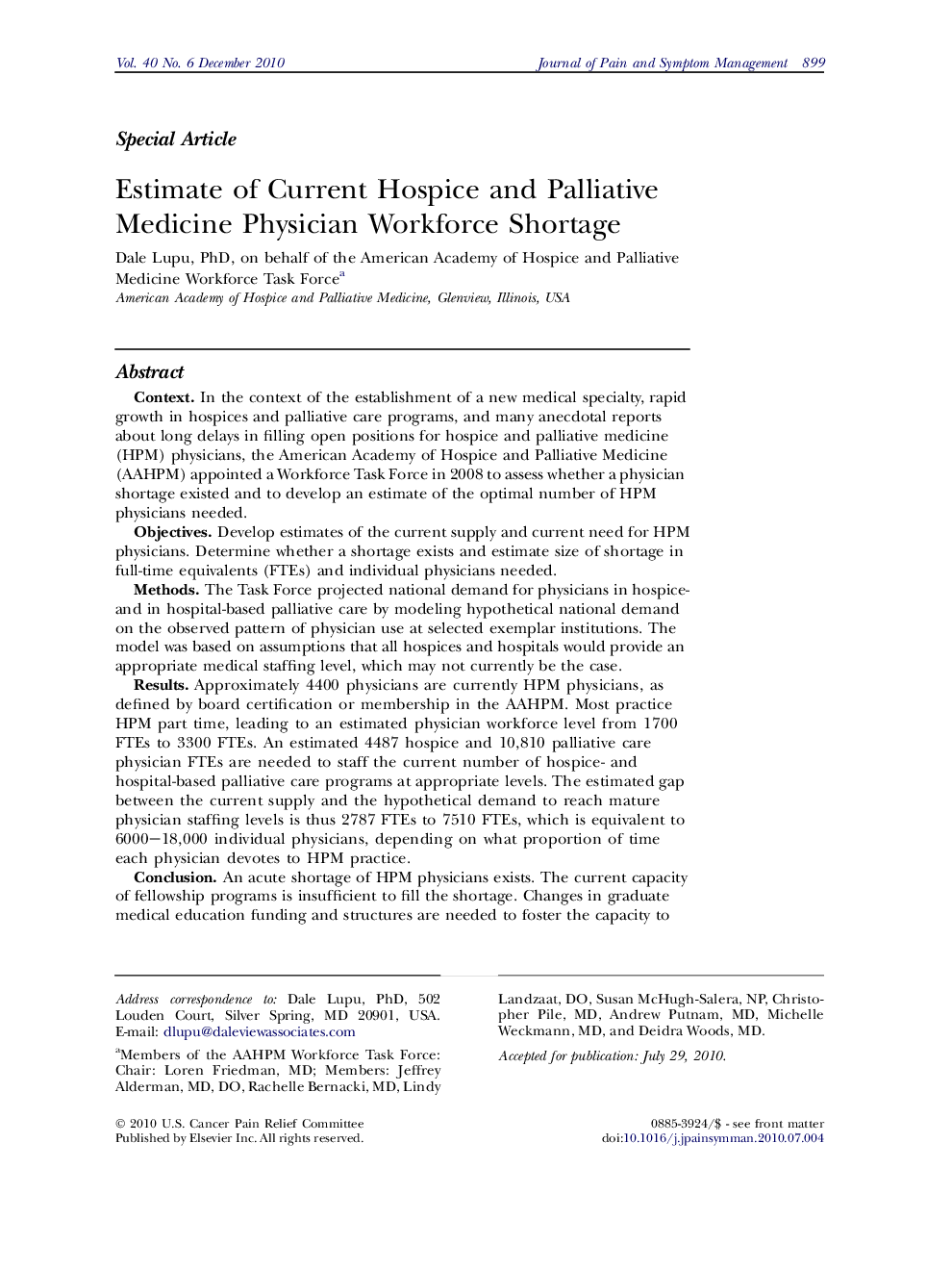 Estimate of Current Hospice and Palliative Medicine Physician Workforce Shortage