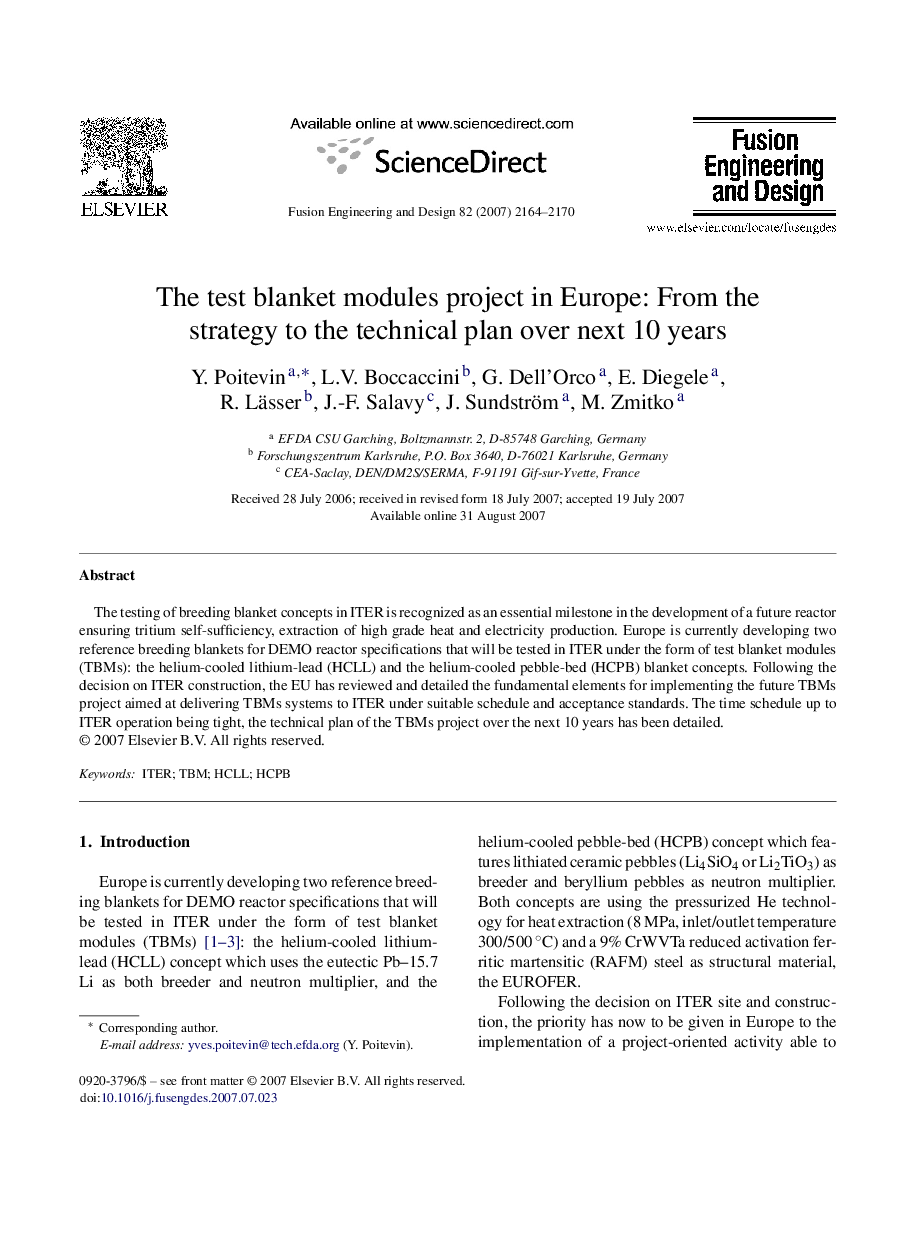 عکس صفحه اول مقاله: The test blanket modules project in Europe: From the strategy to the technical plan over next 10 years The test blanket modules project in Europe: From the strategy to the technical plan over next 10 years