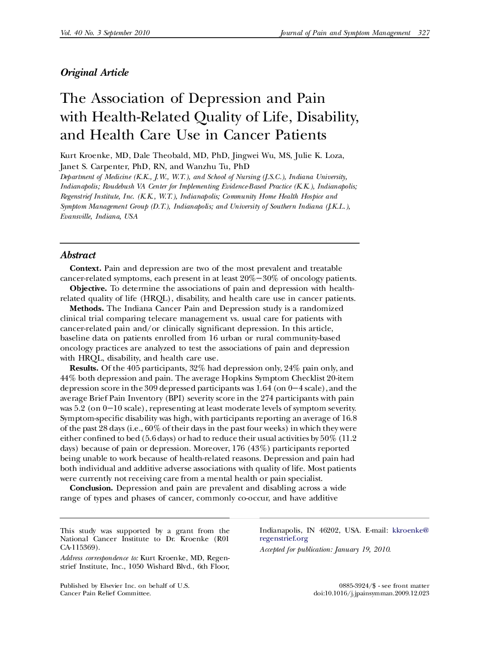 The Association of Depression and Pain with Health-Related Quality of Life, Disability, and Health Care Use in Cancer Patients 