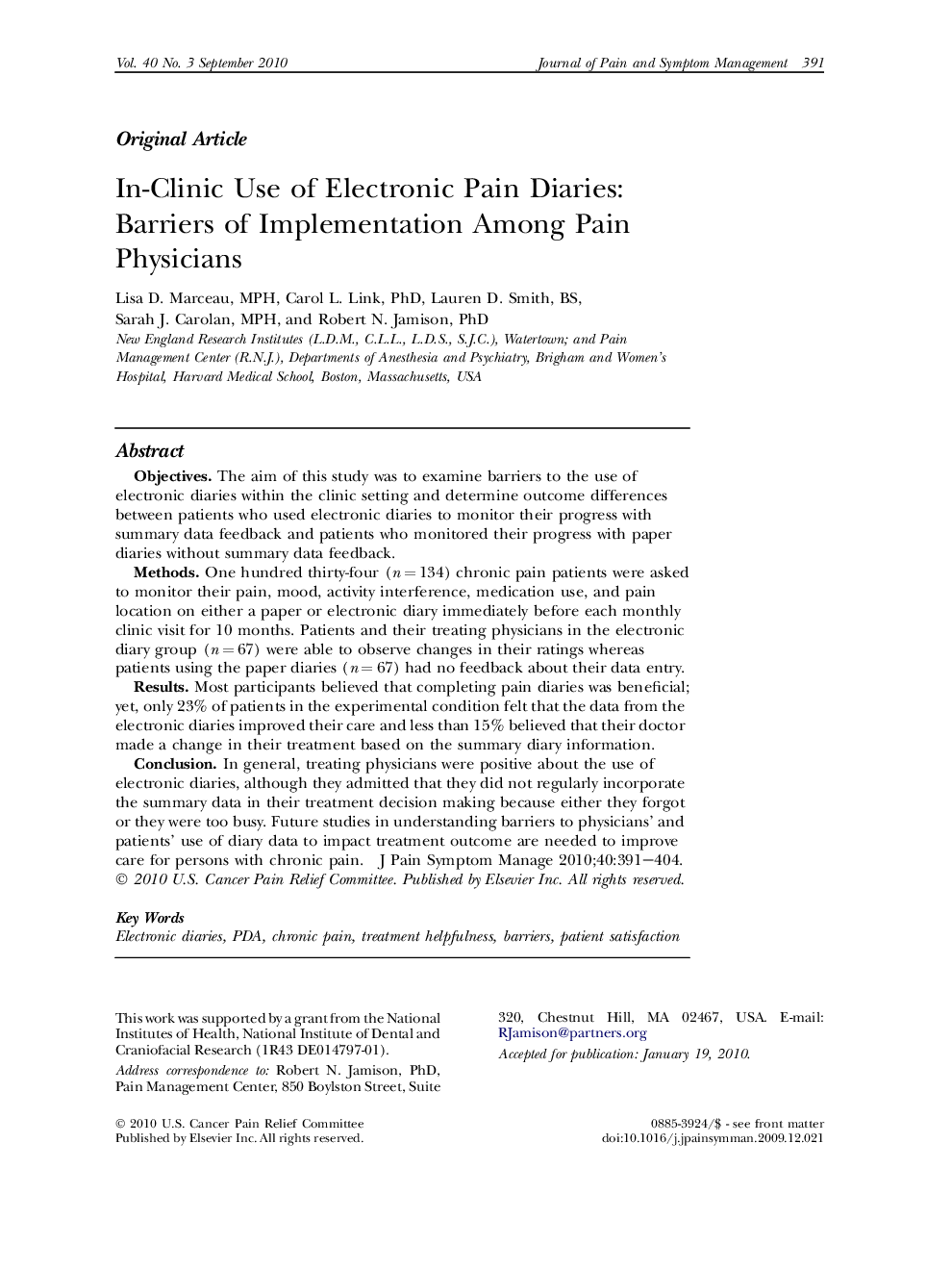 In-Clinic Use of Electronic Pain Diaries: Barriers of Implementation Among Pain Physicians 