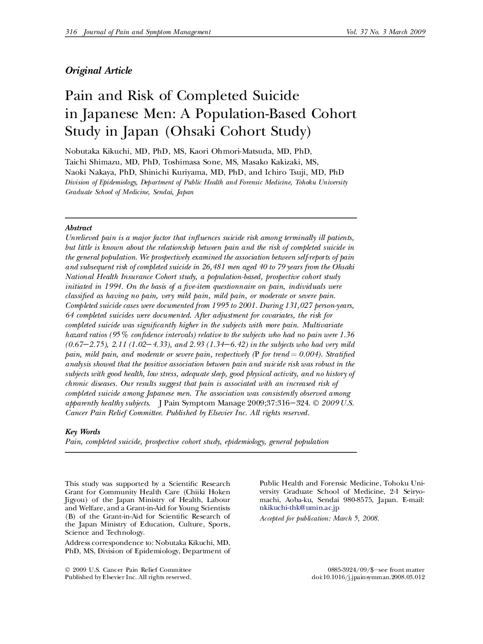 Pain and Risk of Completed Suicide in Japanese Men: A Population-Based Cohort Study in Japan (Ohsaki Cohort Study) 