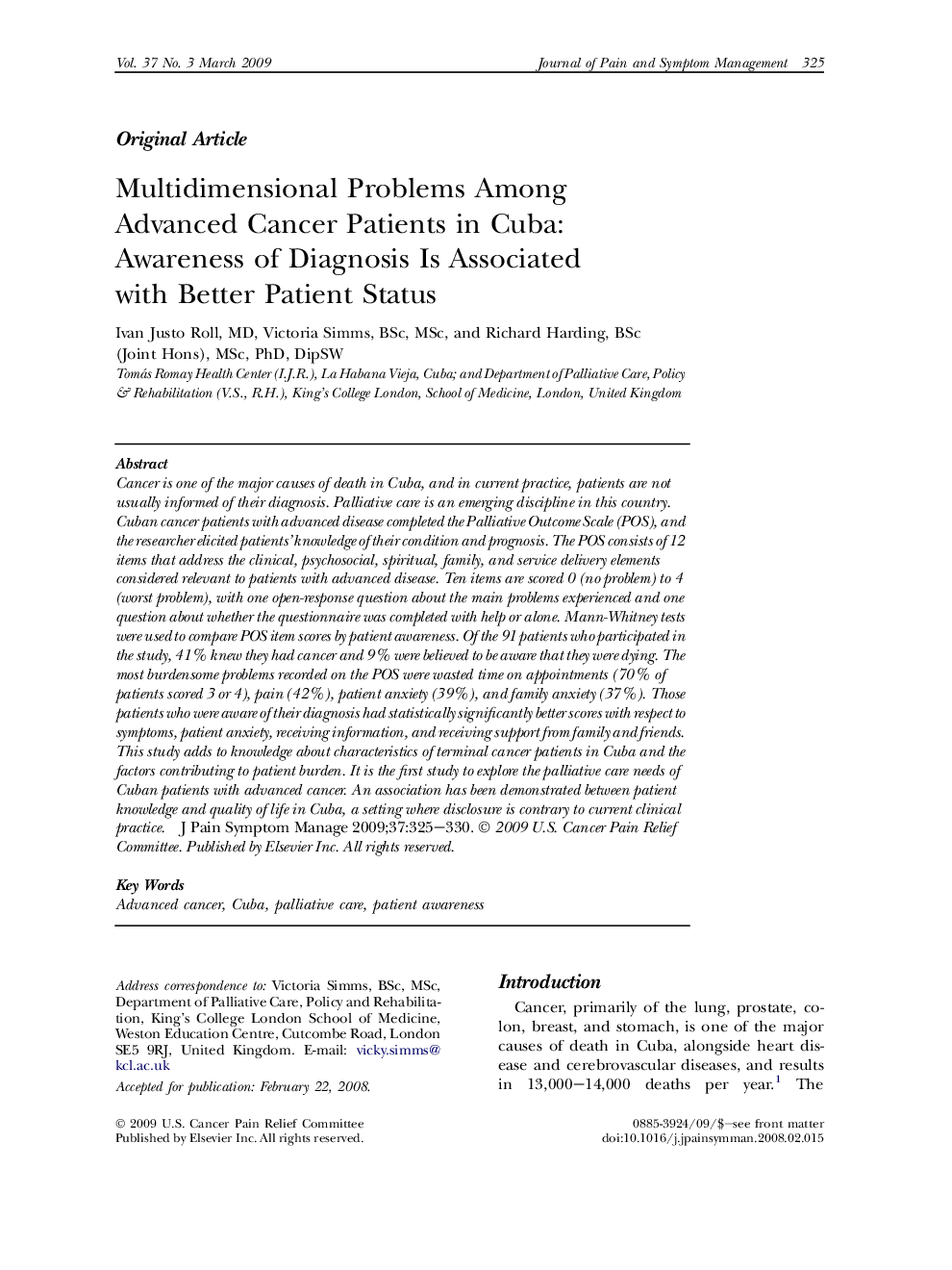 Multidimensional Problems Among Advanced Cancer Patients in Cuba: Awareness of Diagnosis Is Associated with Better Patient Status