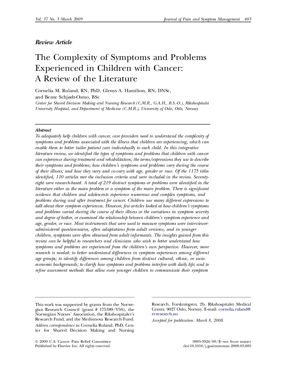 The Complexity of Symptoms and Problems Experienced in Children with Cancer: A Review of the Literature 