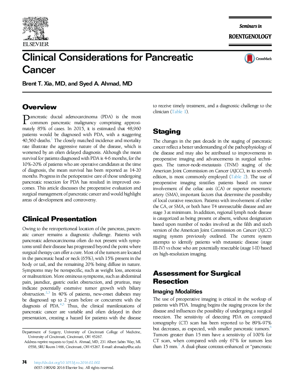 Clinical Considerations for Pancreatic Cancer