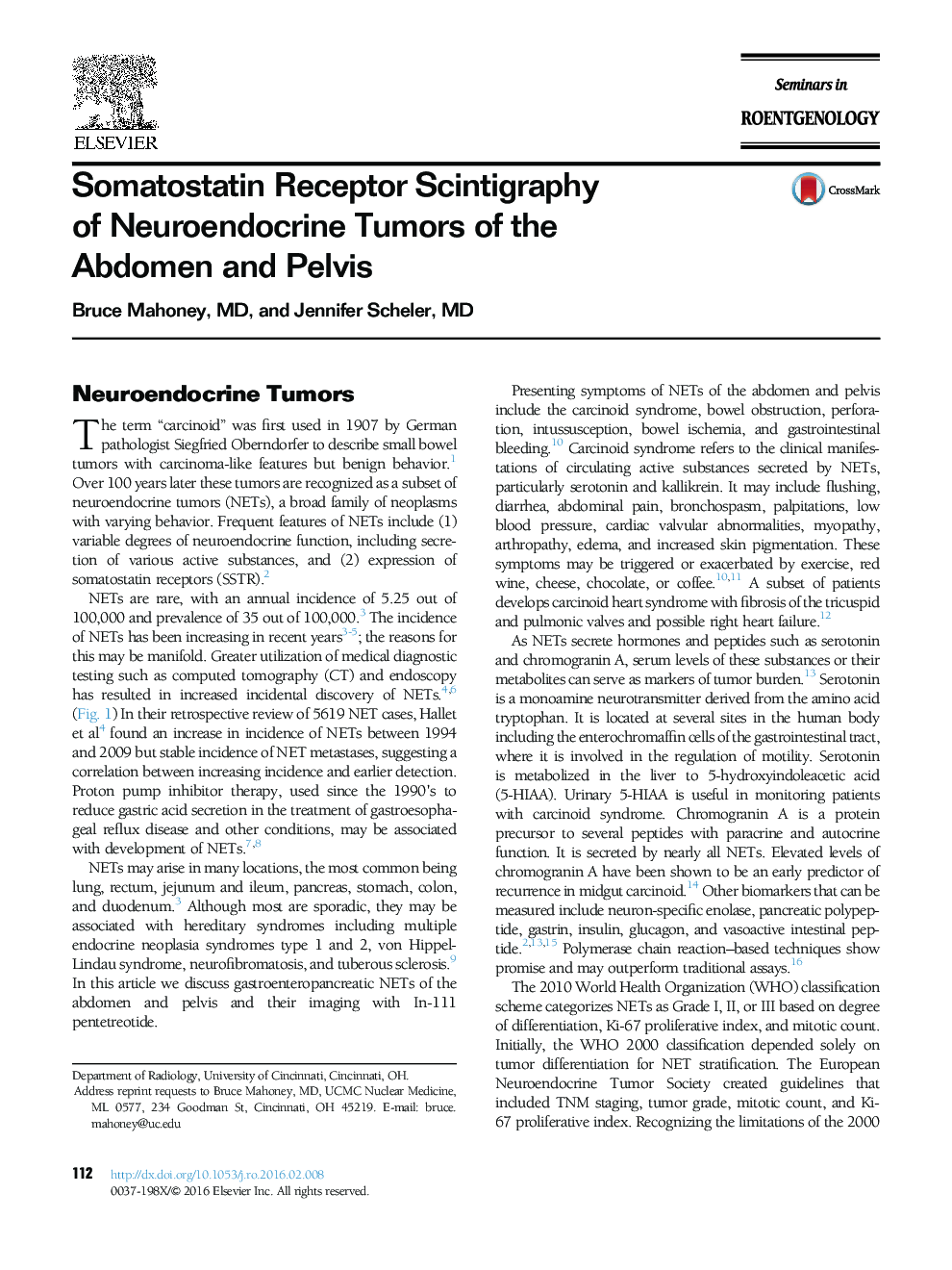 Somatostatin Receptor Scintigraphy of Neuroendocrine Tumors of the Abdomen and Pelvis