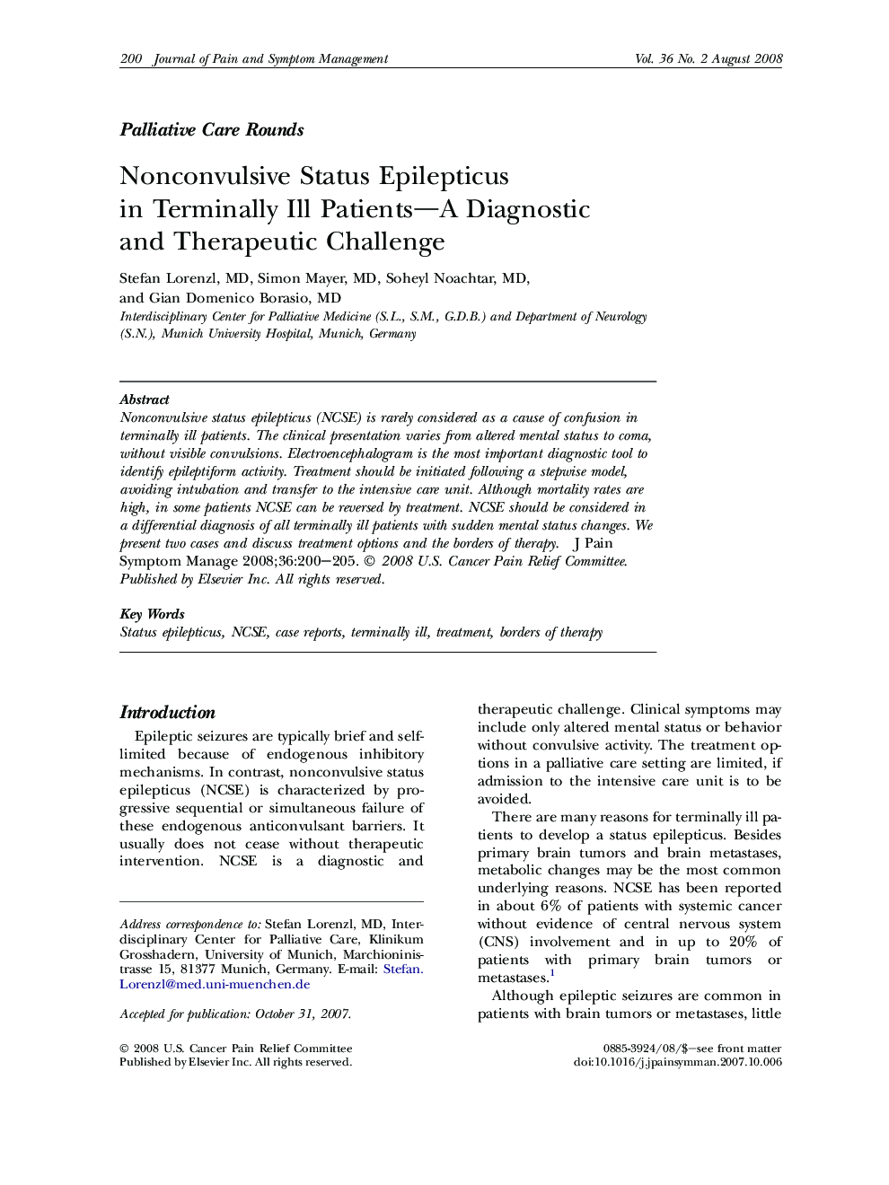 Nonconvulsive Status Epilepticus in Terminally Ill Patients—A Diagnostic and Therapeutic Challenge