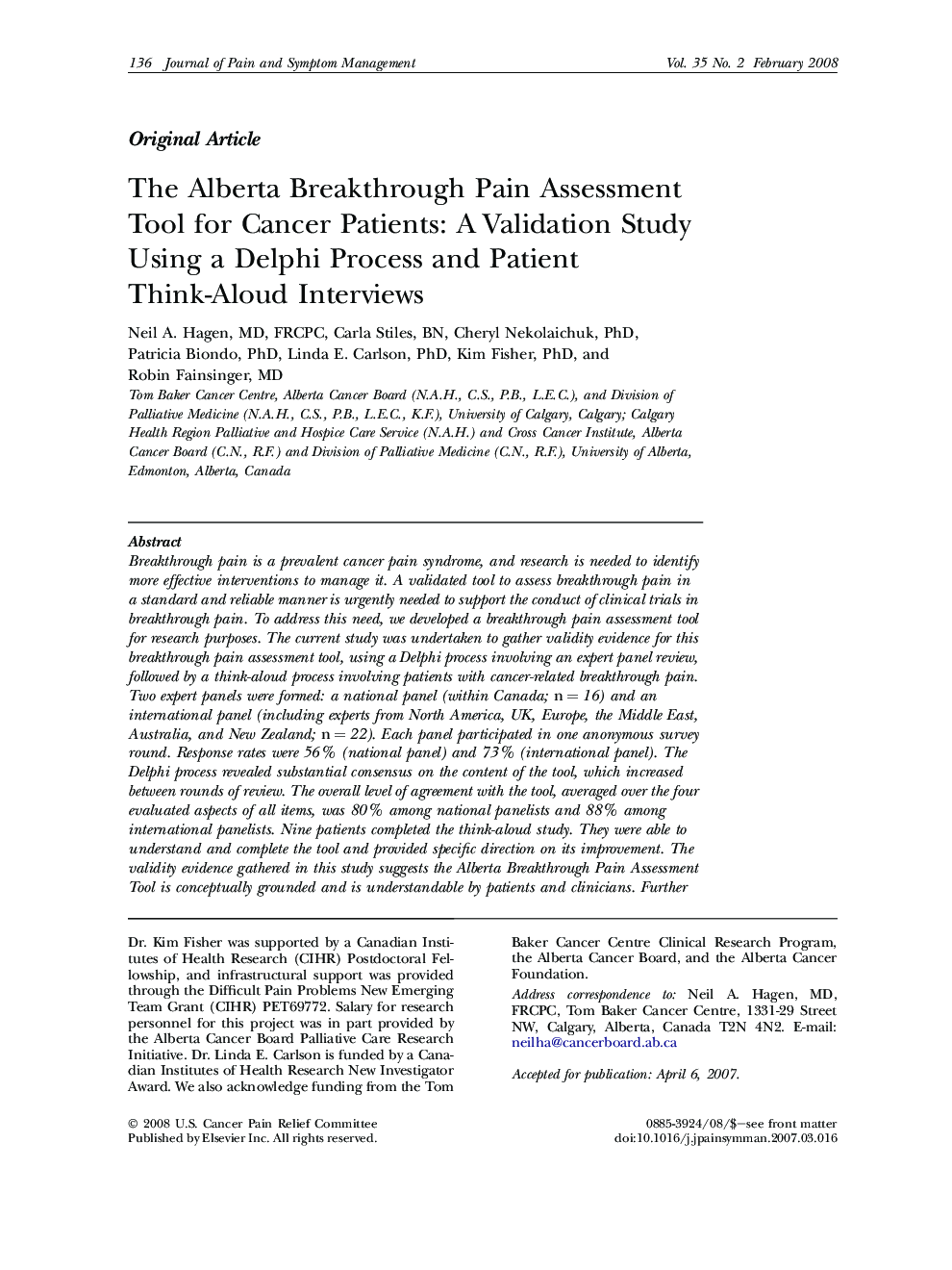 The Alberta Breakthrough Pain Assessment Tool for Cancer Patients: A Validation Study Using a Delphi Process and Patient Think-Aloud Interviews 