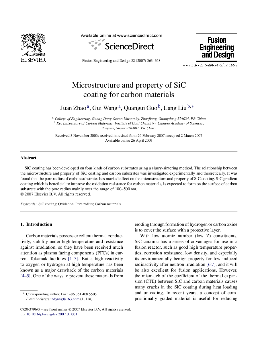 Microstructure and property of SiC coating for carbon materials