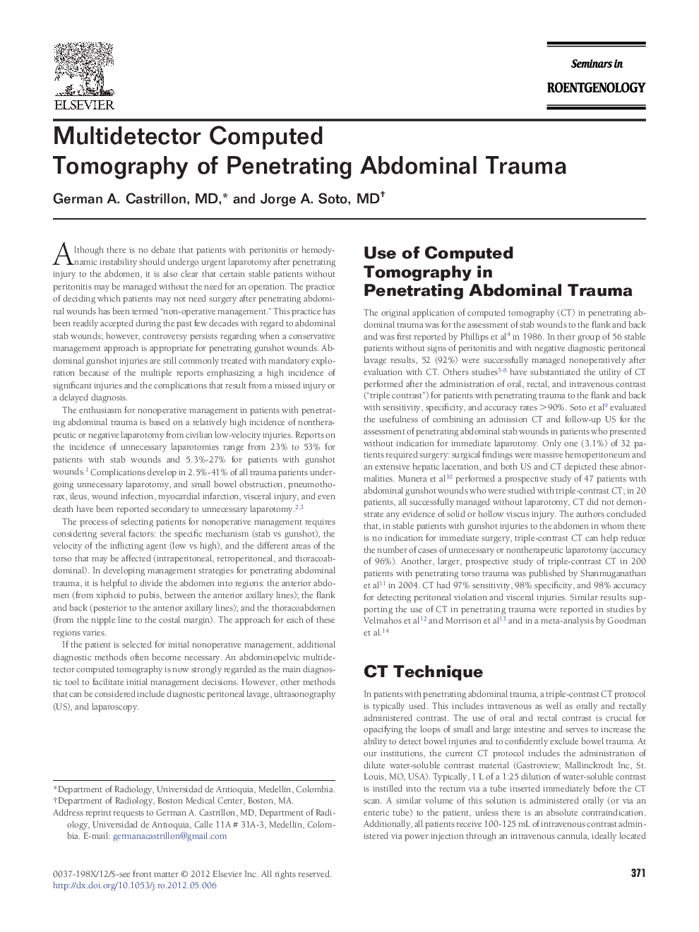 Multidetector Computed Tomography of Penetrating Abdominal Trauma