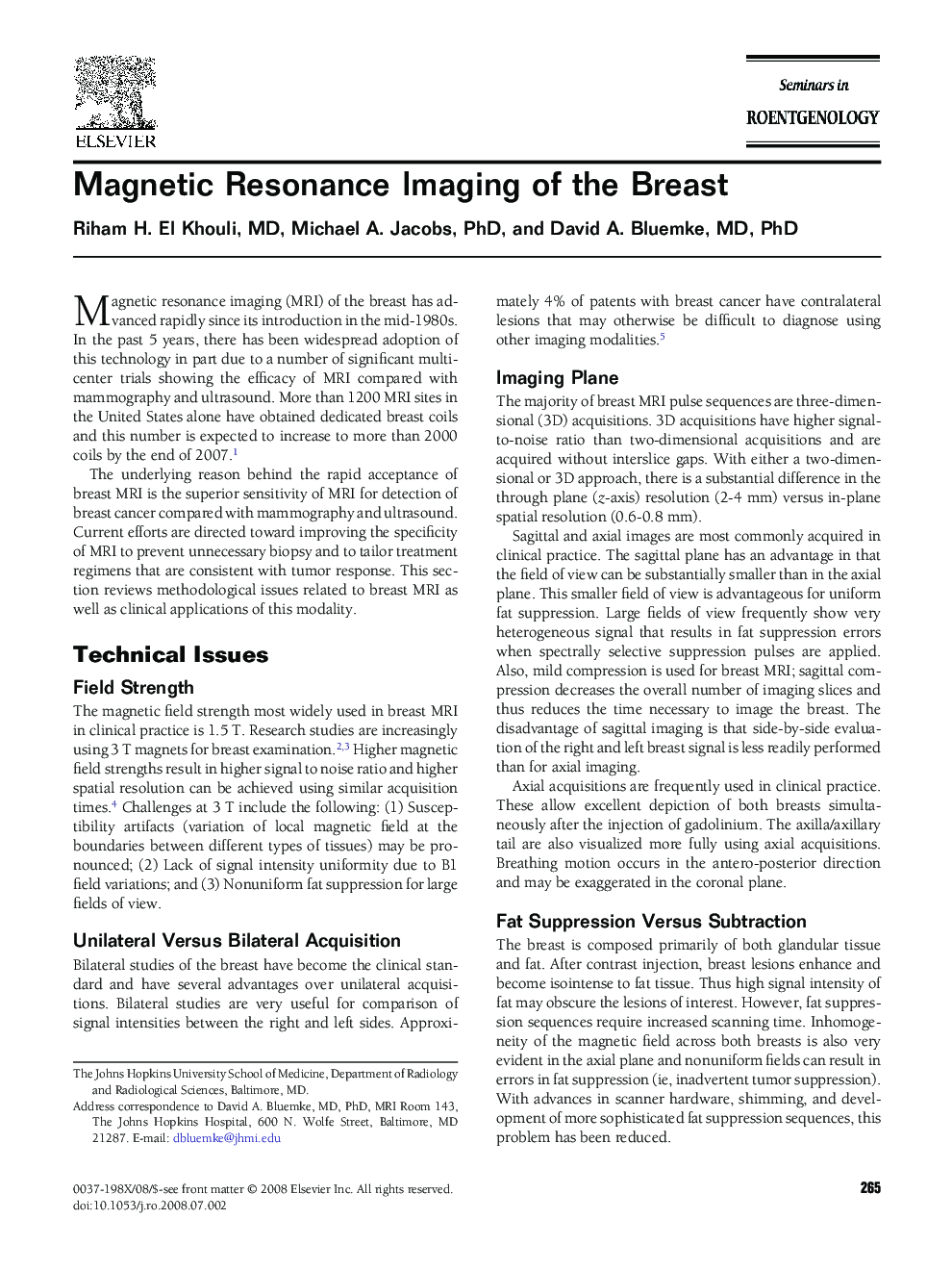 Magnetic Resonance Imaging of the Breast