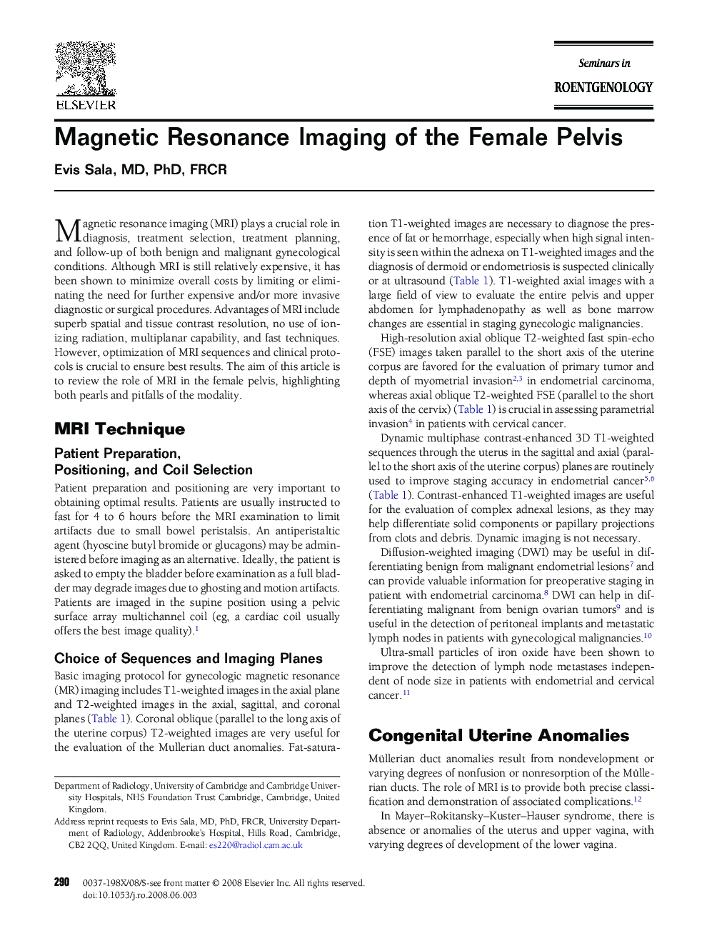Magnetic Resonance Imaging of the Female Pelvis