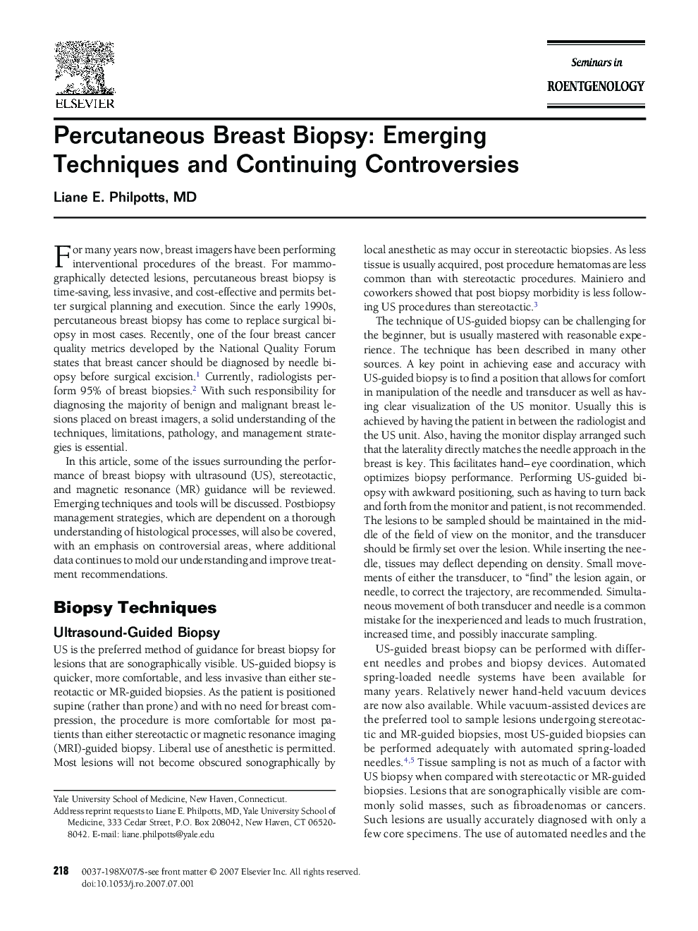 Percutaneous Breast Biopsy: Emerging Techniques and Continuing Controversies