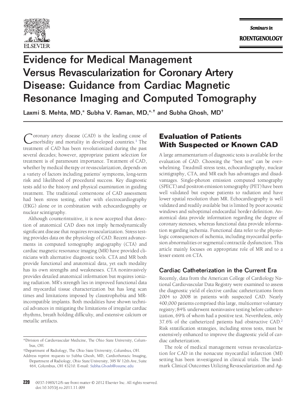 Evidence for Medical Management Versus Revascularization for Coronary Artery Disease: Guidance from Cardiac Magnetic Resonance Imaging and Computed Tomography