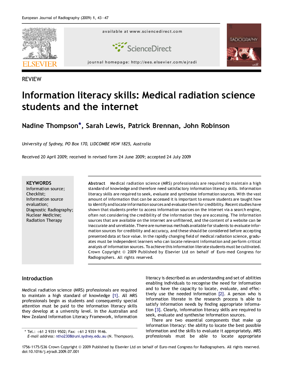 Information literacy skills: Medical radiation science students and the internet