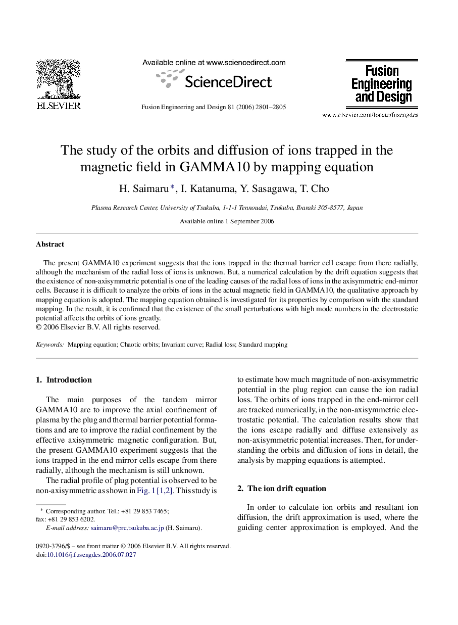 The study of the orbits and diffusion of ions trapped in the magnetic field in GAMMA10 by mapping equation