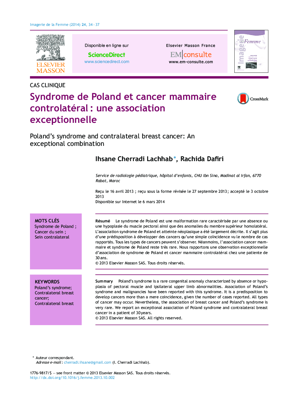 Syndrome de Poland et cancer mammaire controlatéralÂ : une association exceptionnelle