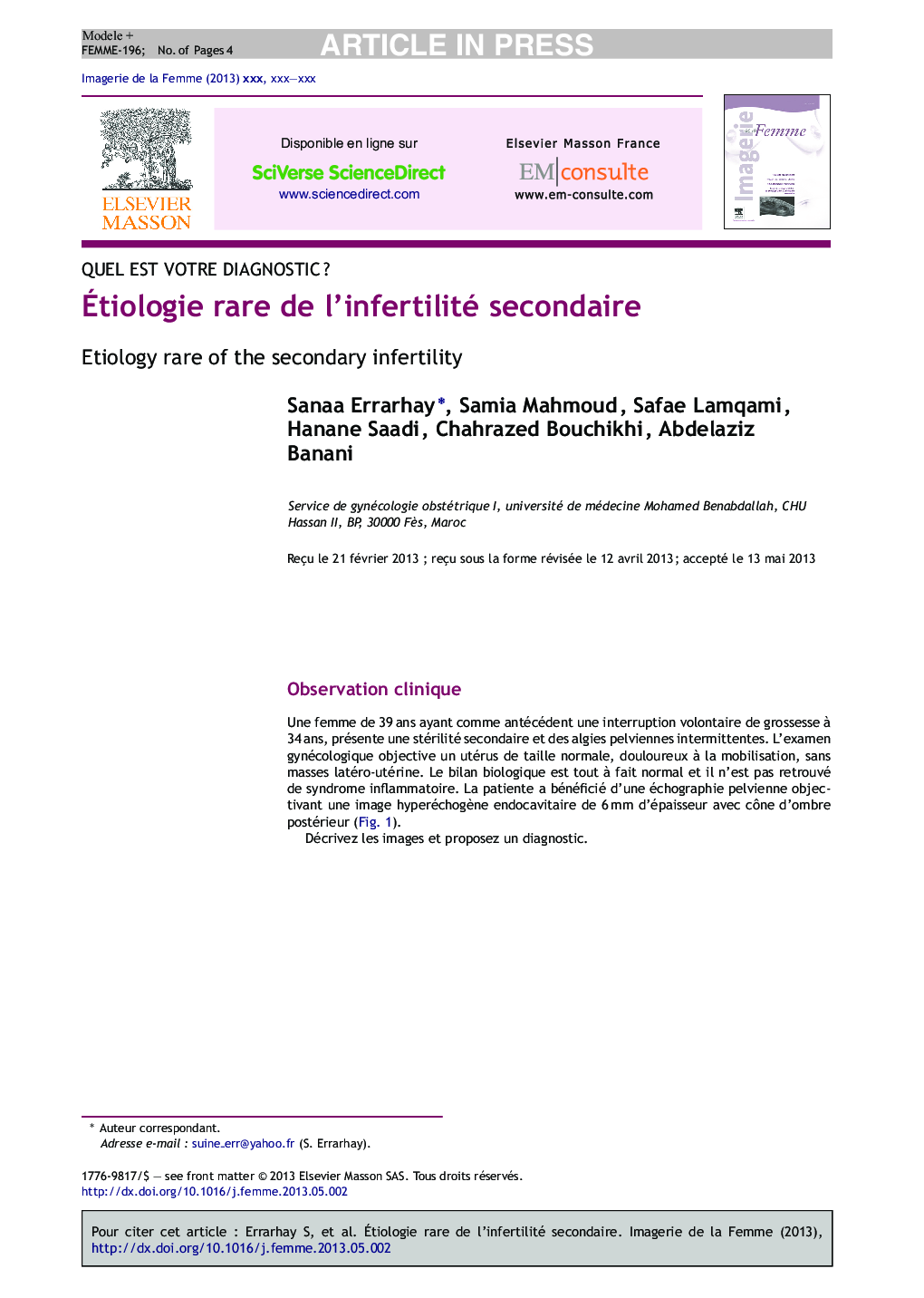 عکس صفحه اول مقاله: Ãtiologie rare de l'infertilité secondaire Ãtiologie rare de l'infertilité secondaire