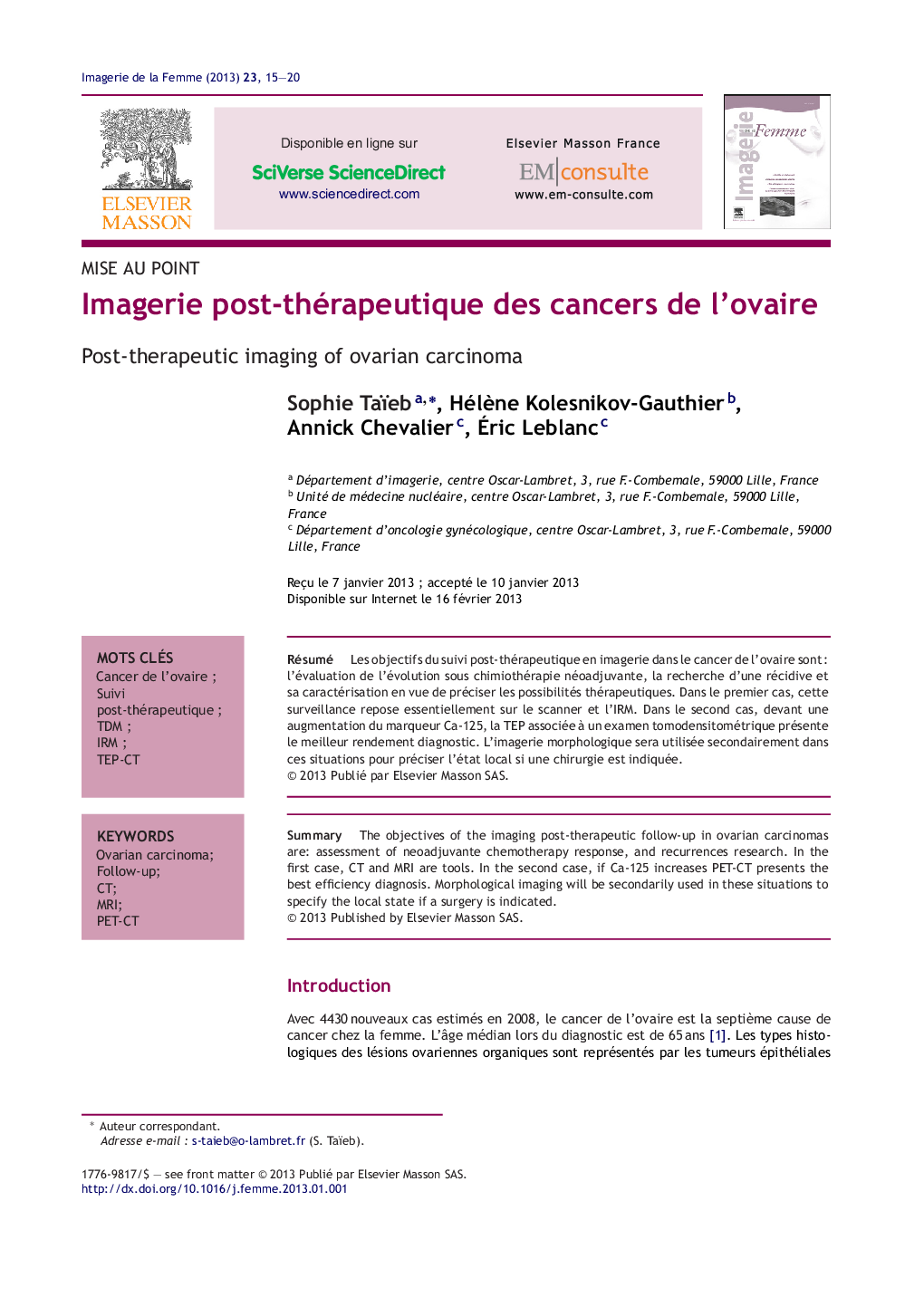 Imagerie post-thérapeutique des cancers de l'ovaire