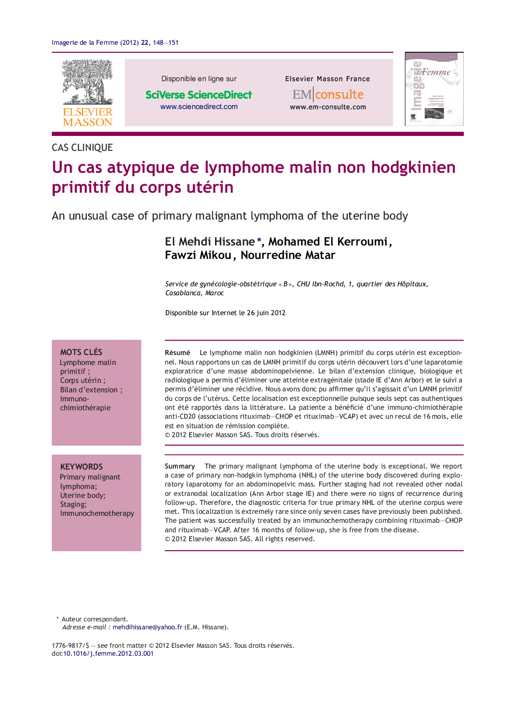 Un cas atypique de lymphome malin non hodgkinien primitif du corps utérin