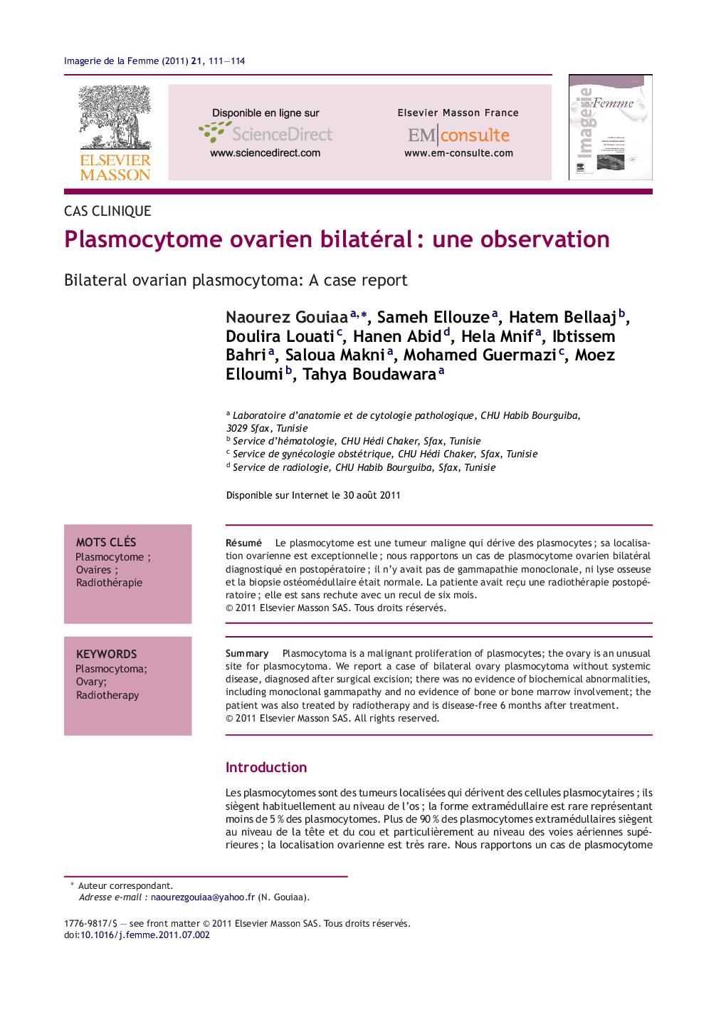 Plasmocytome ovarien bilatéralÂ : une observation