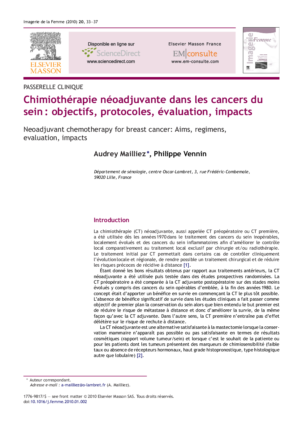 Chimiothérapie néoadjuvante dans les cancers du seinÂ : objectifs, protocoles, évaluation, impacts