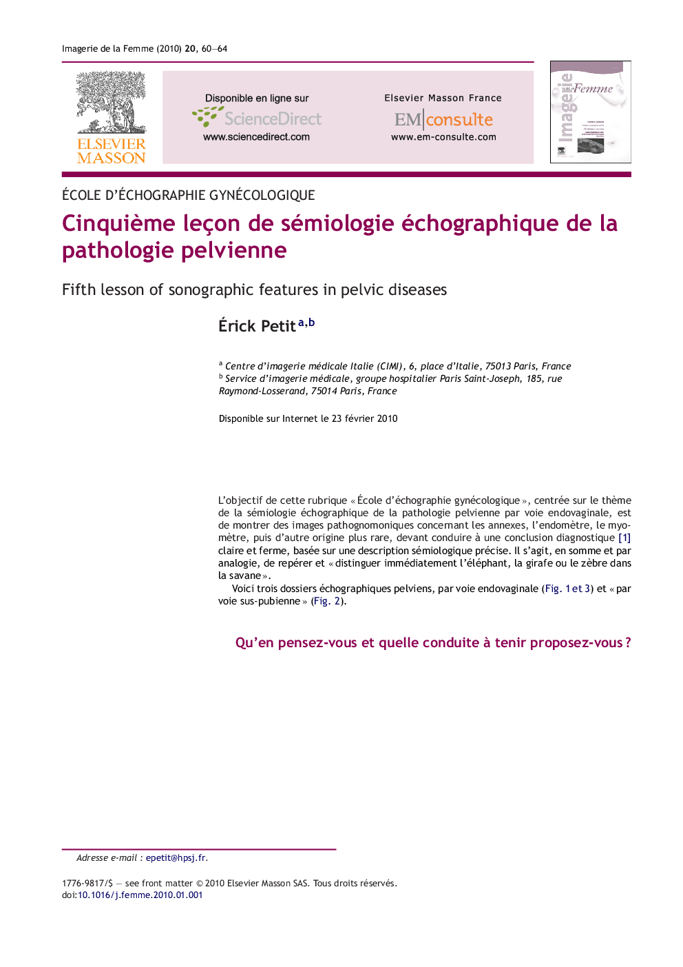 CinquiÃ¨me leçon de sémiologie échographique de la pathologie pelvienne