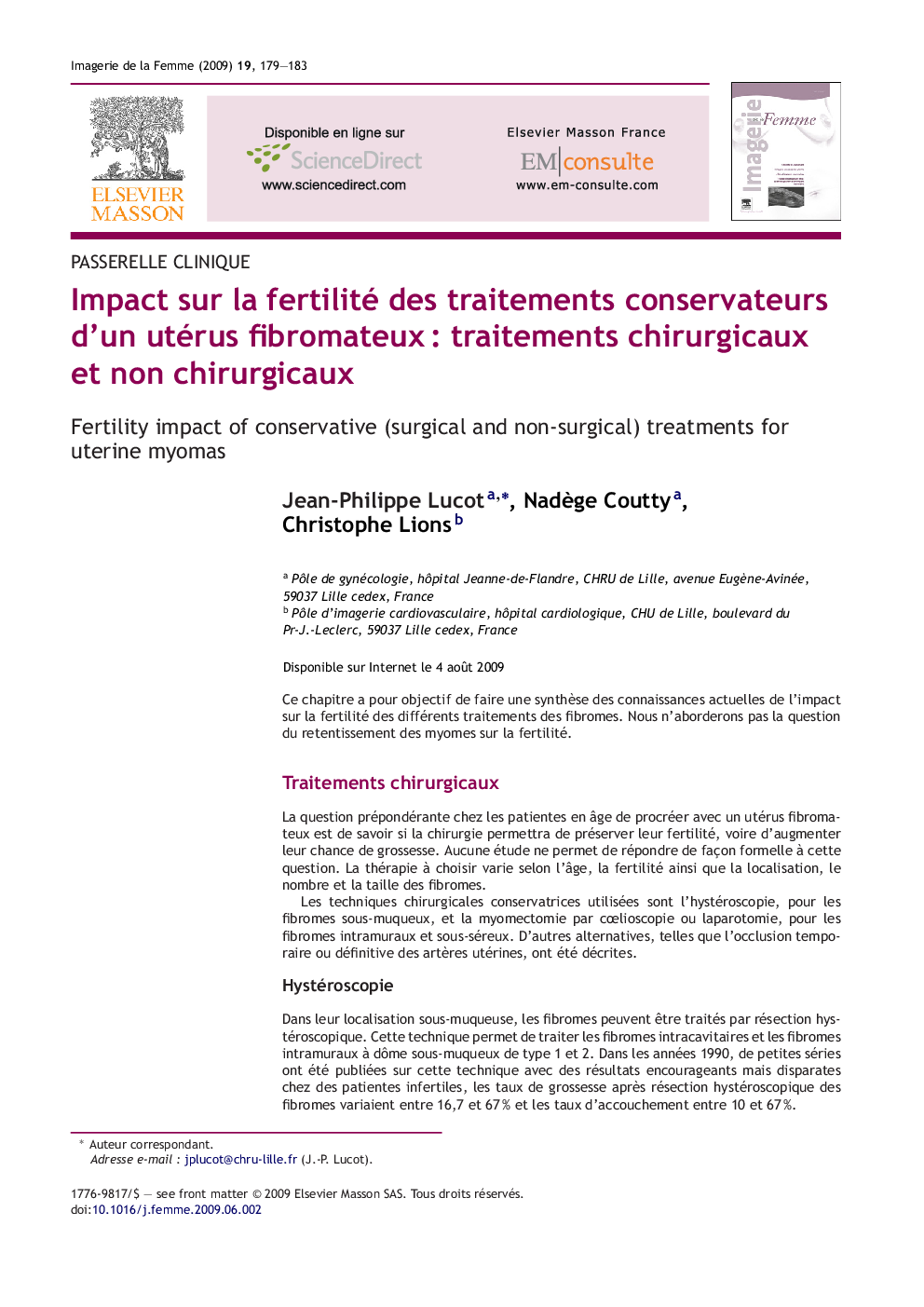 عکس صفحه اول مقاله: Impact sur la fertilité des traitements conservateurs d'un utérus fibromateux : traitements chirurgicaux et non chirurgicaux Impact sur la fertilité des traitements conservateurs d'un utérus fibromateux : traitements chirurgicaux et non chirurgicaux