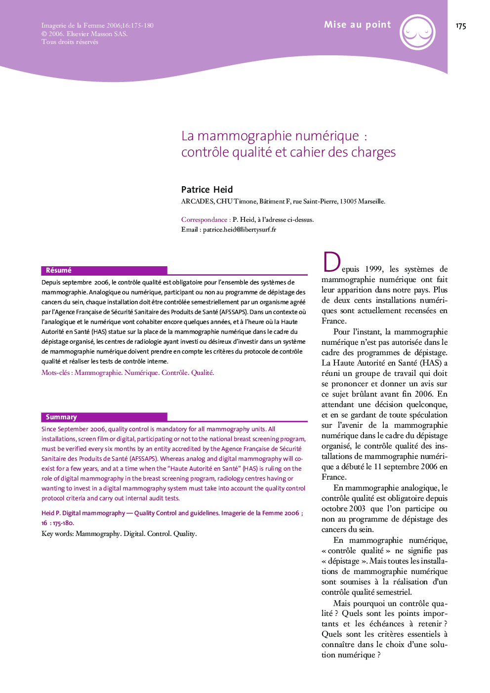 La mammographie numérique: contrÃ´lequalité et cahier des charges