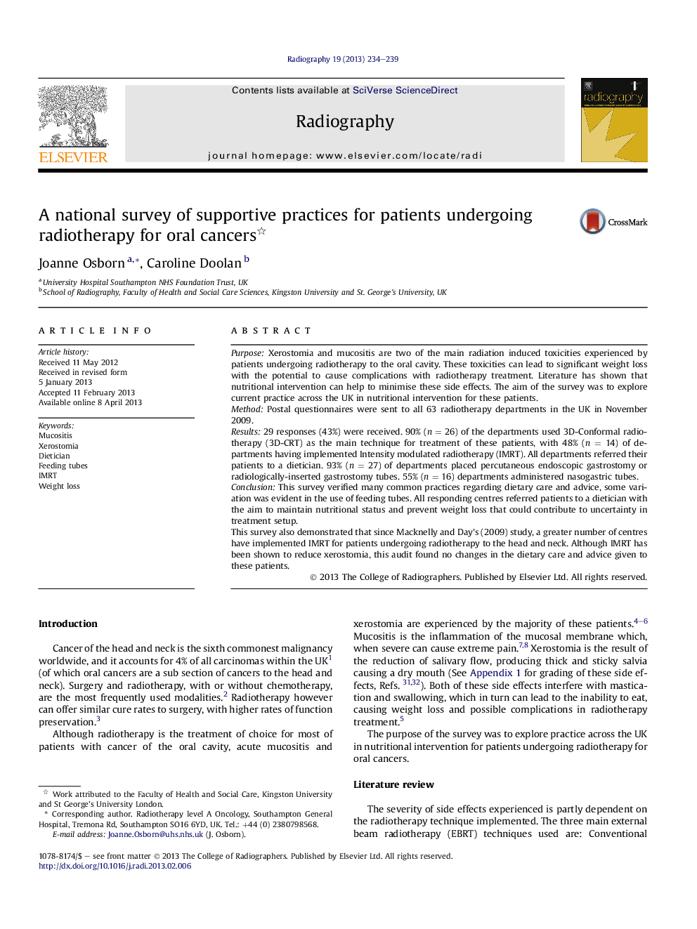 A national survey of supportive practices for patients undergoing radiotherapy for oral cancers 