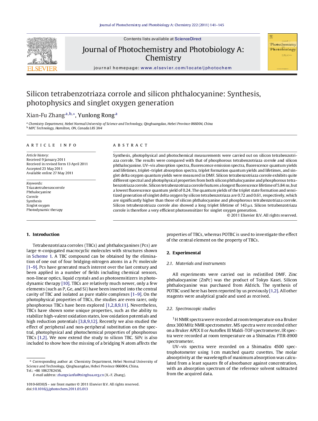 Silicon tetrabenzotriaza corrole and silicon phthalocyanine: Synthesis, photophysics and singlet oxygen generation