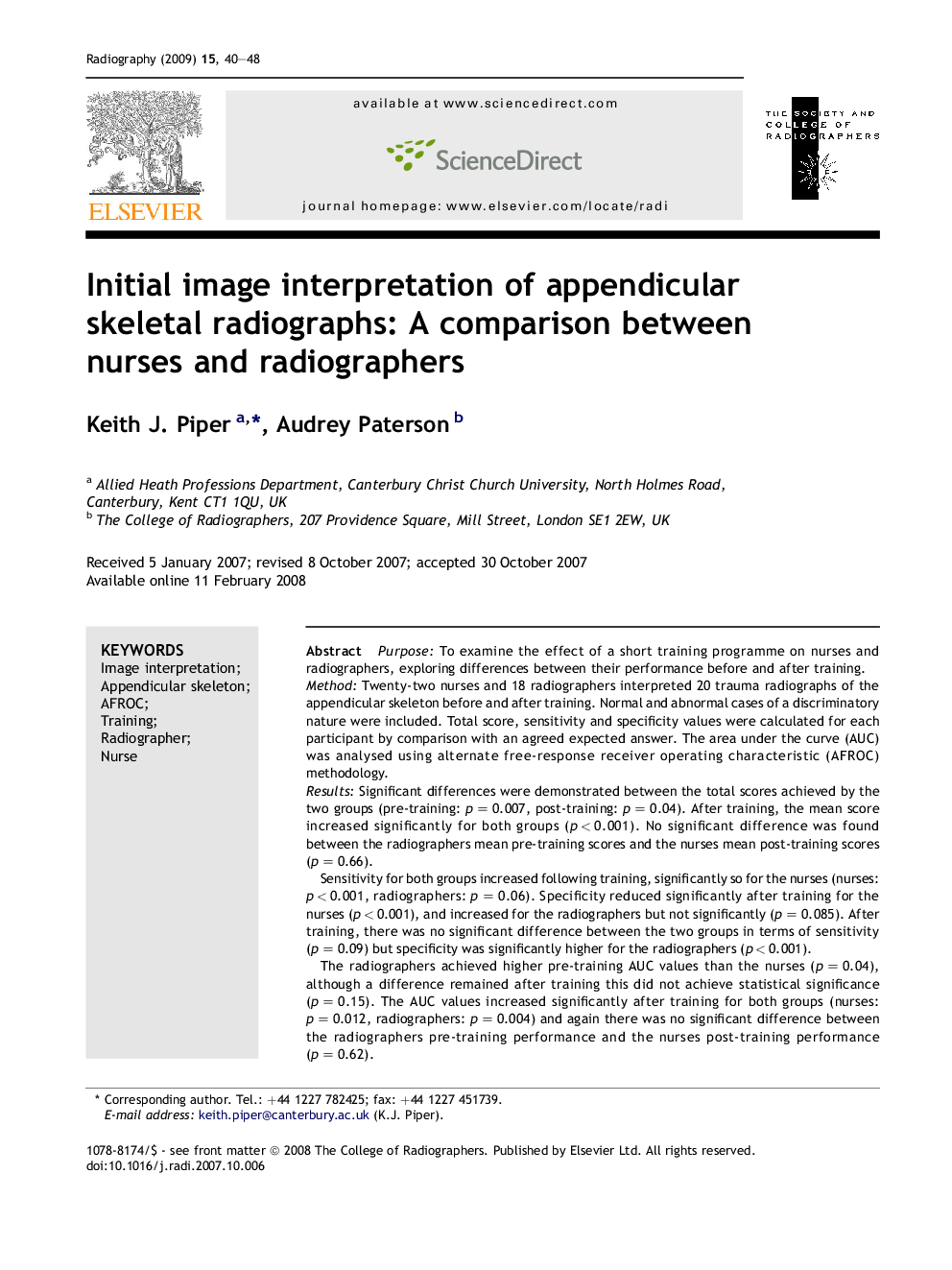 Initial image interpretation of appendicular skeletal radiographs: A comparison between nurses and radiographers