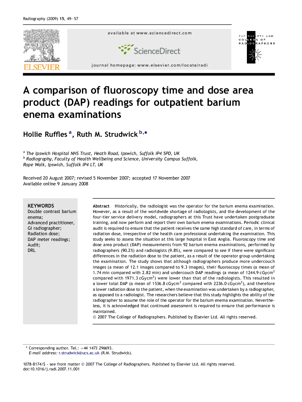 A comparison of fluoroscopy time and dose area product (DAP) readings for outpatient barium enema examinations