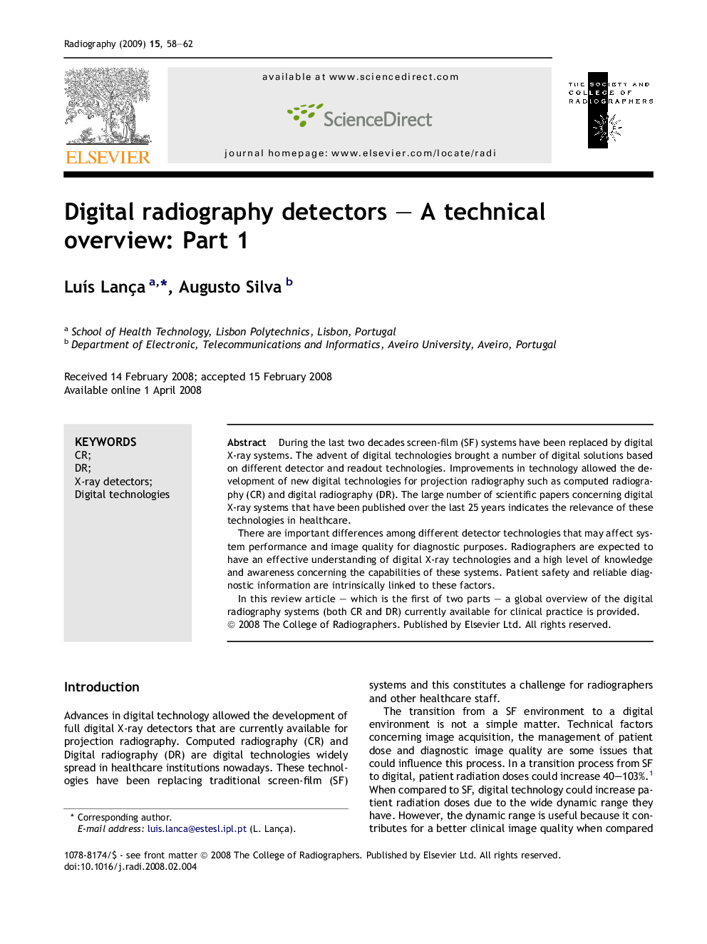 Digital radiography detectors – A technical overview: Part 1